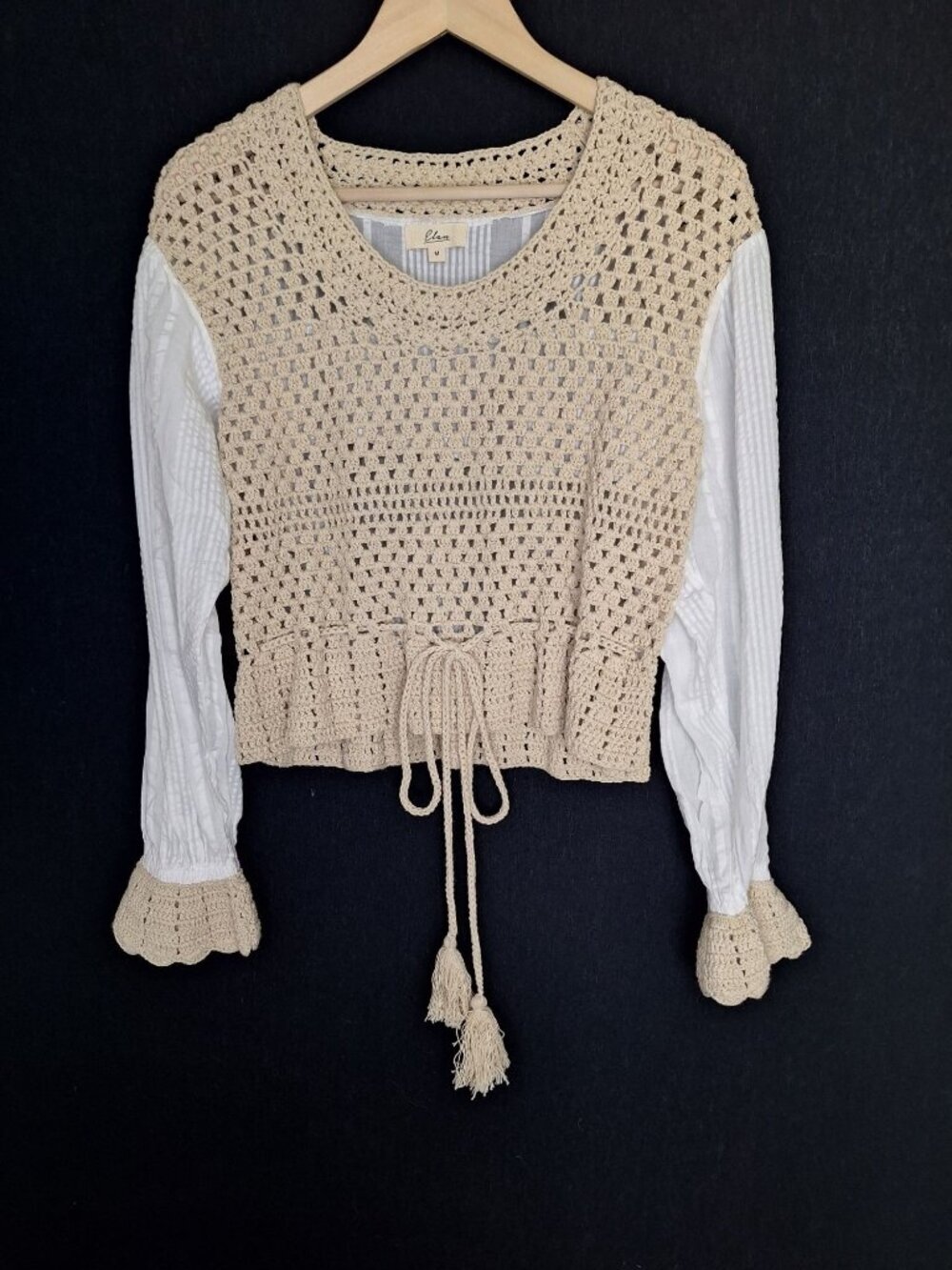 💙 Elan Crochet Lace Boho Peasant Top Size M Cotton Ivory White Tie Waist Blouse